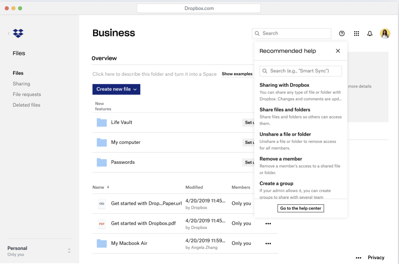 Dropbox Business interface with a Recommended help panel surfacing contextual articles