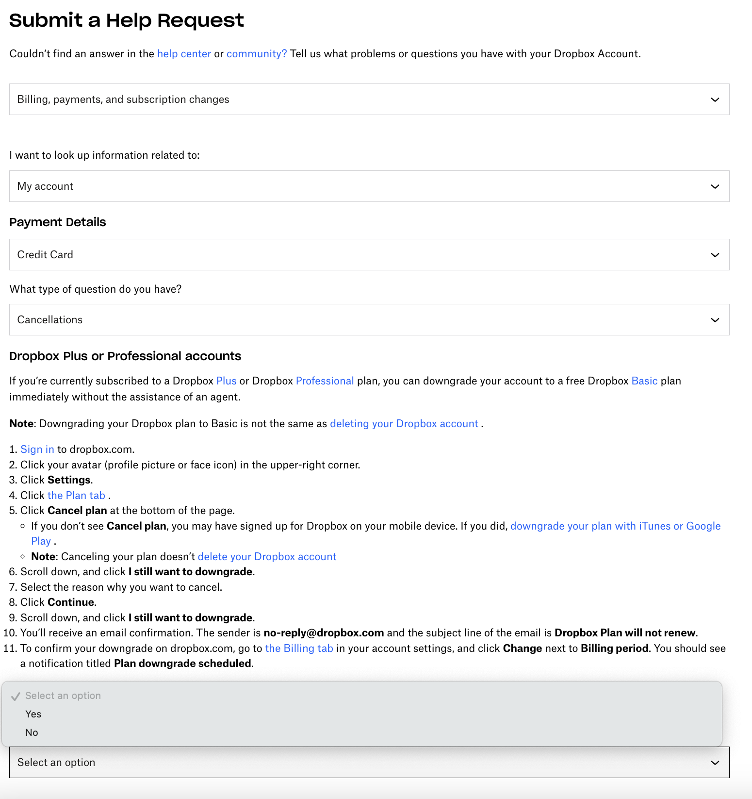 Screenshot of the original Dropbox support contact form with multiple confusing options