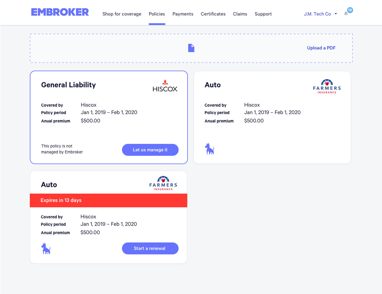 Embroker product UI on desktop