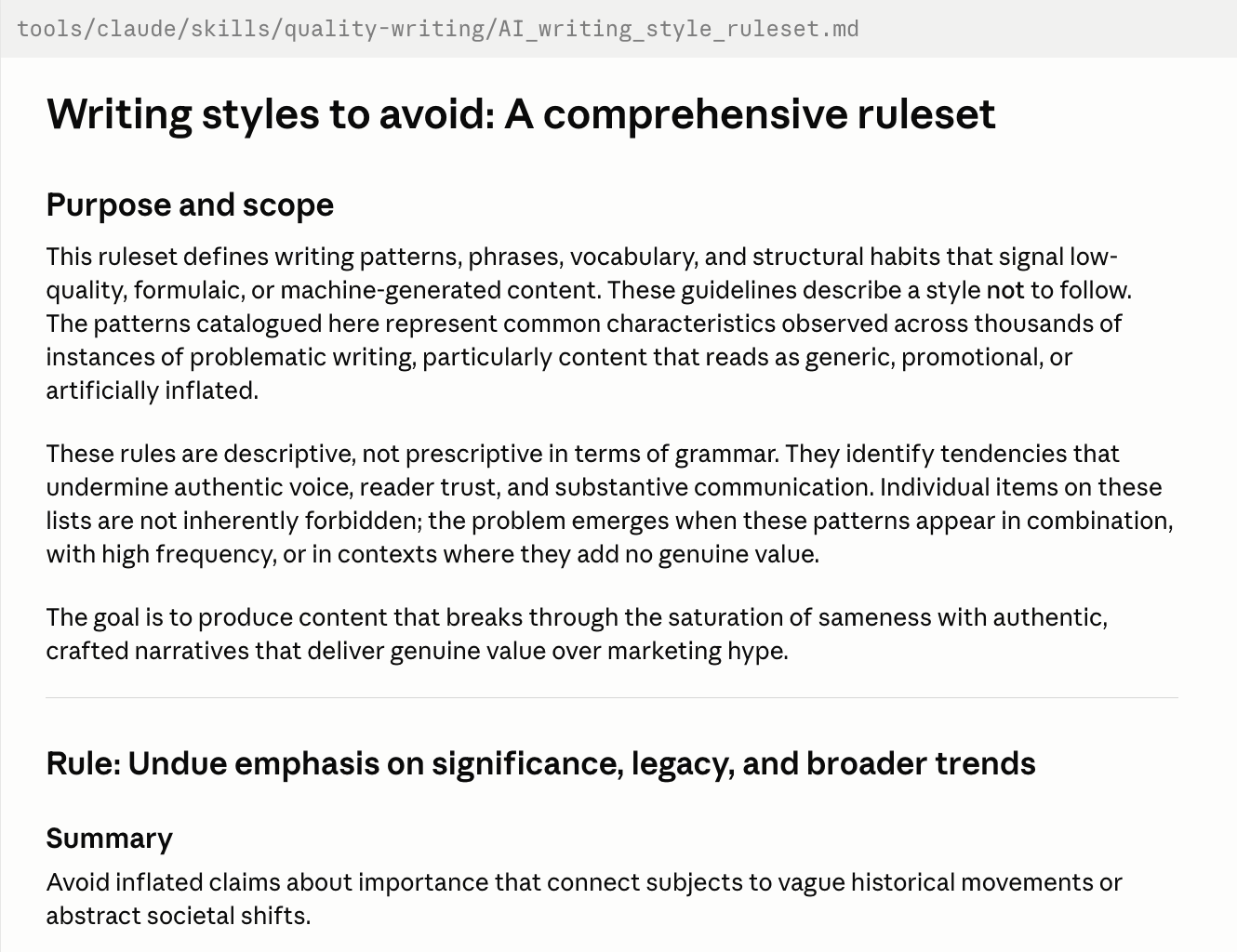 A markdown ruleset titled 'Writing styles to avoid: a comprehensive ruleset' that catalogues the phrases, vocabulary, and structural habits that signal generic or machine-generated content, used as a reusable skill in the pipeline.