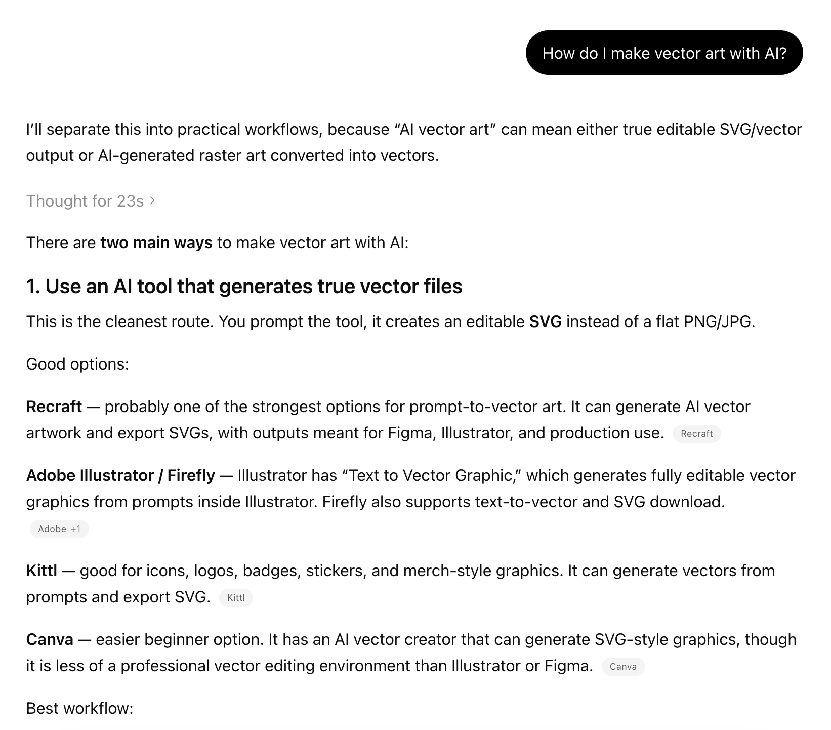 A ChatGPT answer to the question 'how do I make vector art with AI?' that names Recraft first among the AI tools that generate true vector files.