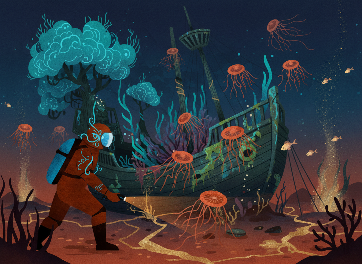 Illustration of a deep-sea diver exploring a sunken shipwreck overgrown with coral and jellyfish, beside a tree with cloud-like foliage